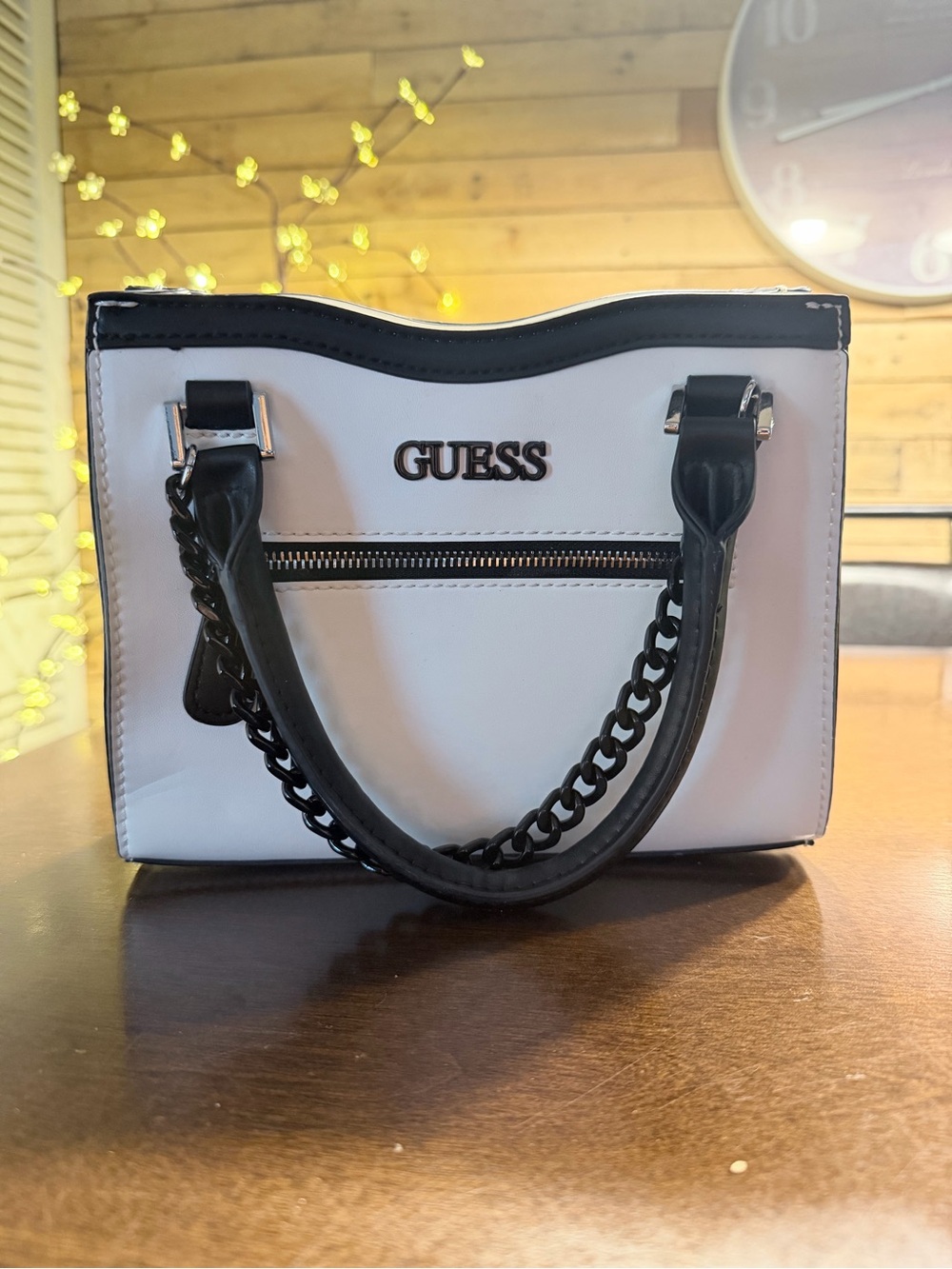 GUESS White and Black Chain-Handle Satchel